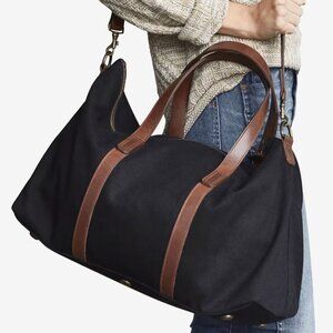 Nisolo Weekender Canvas Bag, black, brown leather